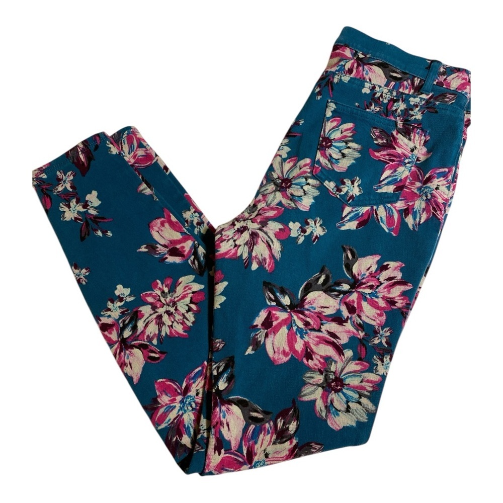 Floral Print Teal Skinny Stretch Leggings Pants - Picture 2 of 7